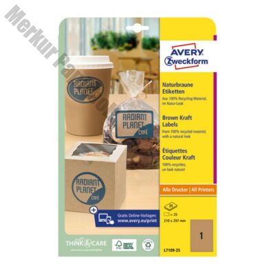 Etikett AVERY L7109-25 210x297 mm újrahasznosított barna kraft 25 ív/csomag
