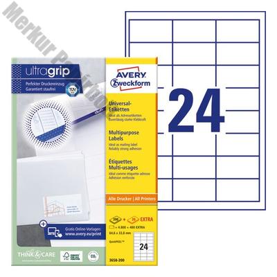 Etikett AVERY 3658-200 64,6x33,8 mm fehér univerzális 5280 címke/doboz 200+20 ív/doboz