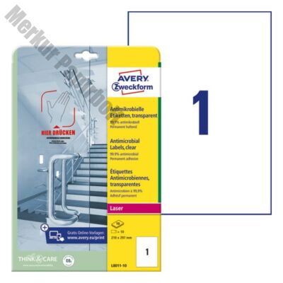 Etikett AVERY L8011-10 210x297mm antimikrobiális átlátszó 10 címke/doboz 10 ív/doboz