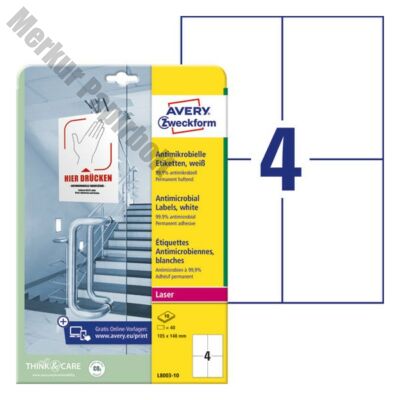 Etikett AVERY L8003-10 105x148mm antimikrobiális fehér 40 címke/doboz 10 ív/doboz