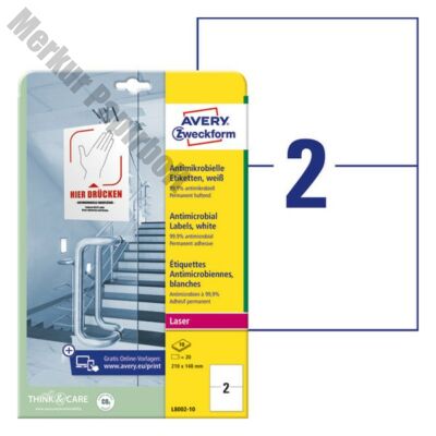 Etikett AVERY L8002-10 210x148mm antimikrobiális fehér 20 címke/doboz 10 ív/doboz