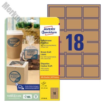 Etikett AVERY L7110-25 62x42mm termék címke környezetbarát barna kraft 450 címke/doboz 25 ív/doboz