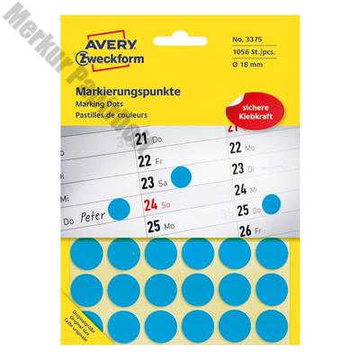 Etikett AVERY 3375 jelölőpont 18mm kék 1056 címke/doboz 22 ív/doboz