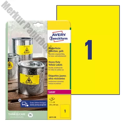 Etikett AVERY L6111-20 210x297 mm sárga időjárásálló 20 címke/doboz 20 ív/doboz