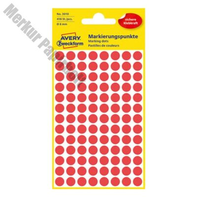 Etikett AVERY 3010 jelölőpont 8mm piros 416 db/csomag
