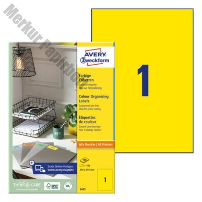 Etikett AVERY 3473 210x297 mm sárga  univerzális 100 címke/doboz 100 ív/doboz