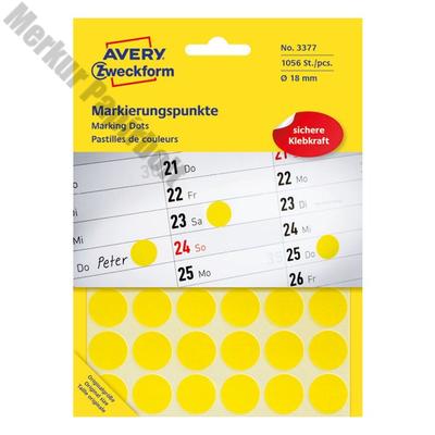 Etikett AVERY 3377 öntapadó jelölőpont sárga 18mm 1056 jelölőpont/csomag