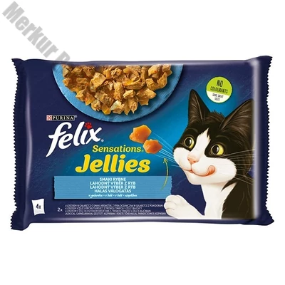 Állateledel alutasakos FELIX Sensations Jellies macskáknak 4-pack halas lazac-tőkehal válogatás aszpikban 4x85 g