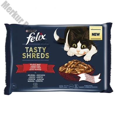 Állateledel alutasakos FELIX Tasty Shreds macskáknak 4-pack házias marha-csirke válogatás szószban 4x80 g