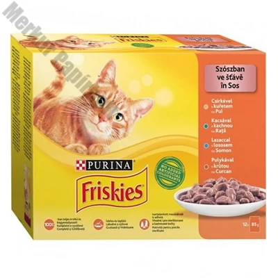 Állateledel alutasakos PURINA Friskies macskáknak csirke-kacsa-lazac-pulyka 12x85 g