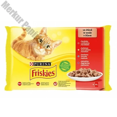 Állateledel alutasakos PURINA Friskies macskáknak csirke-marha-bárány-kacsa 4x85 g