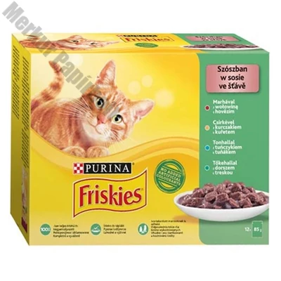 Állateledel alutasakos PURINA Friskies macskáknak marha-csirke-tonhal-tőkehal 12x85 g