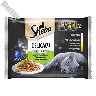 Állateledel alutasakos SHEBA Delicacy macskáknak 4-pack vegyes lazac-hal-csirke-pulyka válogatás 4x85 g