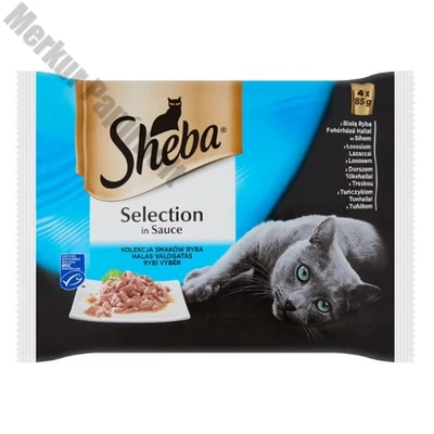 Állateledel alutasakos SHEBA Selection macskáknak 4-pack halas hal-lazac-tőkehal-tonhal válogatás 4x85 g