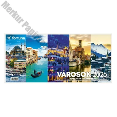 Asztali naptár képes FORTUNA álló fehér lapos holdfázissal Városok 2026.