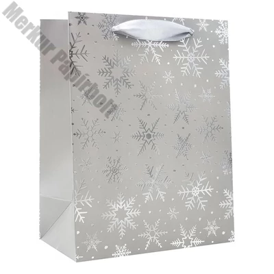 Dísztasak CREATIVE Deluxe Plus L 26x33x12 cm karácsonyi csillagos matt ezüst szalagfüles