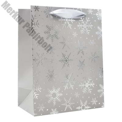 Dísztasak CREATIVE Deluxe Plus M 18x23x10 cm karácsonyi csillagos matt ezüst szalagfüles