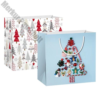 Dísztasak CREATIVE Special S 14x14x6,5 cm karácsonyi színes fényes 2 mintával szalagfüles