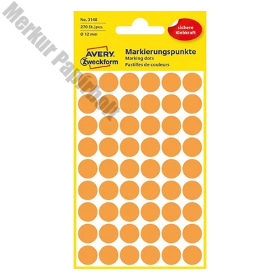 Etikett AVERY 3148 jelölőpont 12 mm neon narancssárga 270 címke/doboz 5 ív/doboz