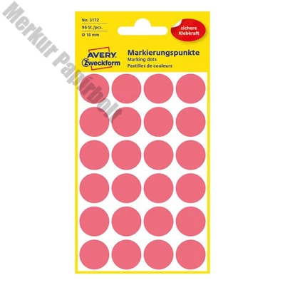 Etikett AVERY 3172 jelölőpont 18mm neon piros 96 címke/doboz 4 ív/doboz