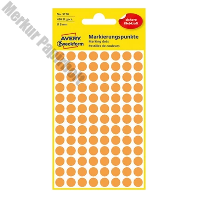 Etikett AVERY 3178 öntapadó jelölőpont neon sárga 8mm 416 jelölőpont/csomag