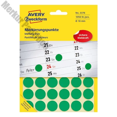 Etikett AVERY 3376 öntapadó jelölőpont zöld 18mm 1056 jelölőpont/csomag