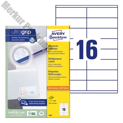 Etikett AVERY 3423 105x35mm univerzális 1600 címke/doboz 100 ív/doboz