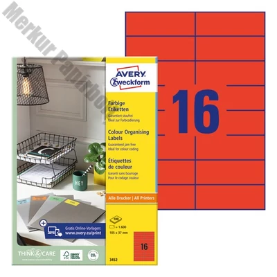 Etikett AVERY 3452 105x37mm univerzális piros 1600 címke/doboz 100 ív/doboz