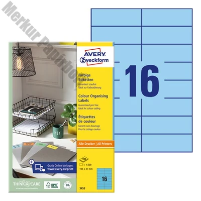 Etikett AVERY 3453 105x37mm univerzális kék 1600 címke/doboz 100 ív/doboz