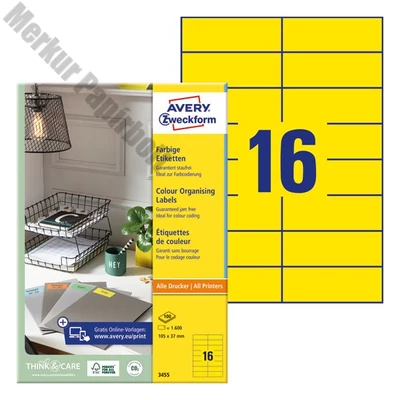 Etikett AVERY 3455 105x37mm univerzális sárga 1600 címke/doboz 100 ív/doboz
