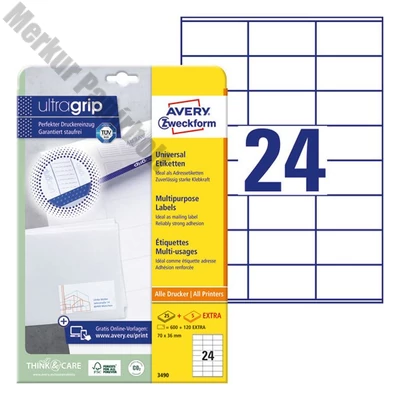 Etikett AVERY 3490 70x36 mm fehér univerzális  720 címke/doboz 30 ív/doboz