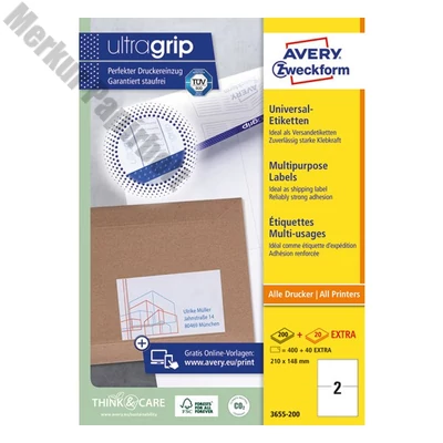 Etikett AVERY 3655-200 210x148 mm fehér univerzális 440 címke/doboz 200+20 ív/doboz
