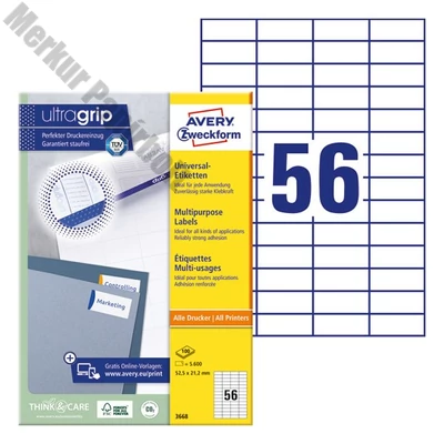 Etikett AVERY 3668 52,5x21,2mm univerzális 5600 címke/doboz 100 ív/doboz