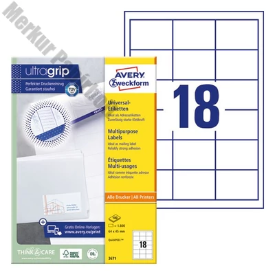 Etikett AVERY 3671 64x45 mm fehér univerzális  1800 címke/doboz 100 ív/doboz