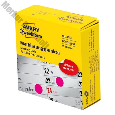 Etikett AVERY 3850 öntapadó jelölőpont adagoló dobozban pink 10mm 800 jelölőpont/doboz