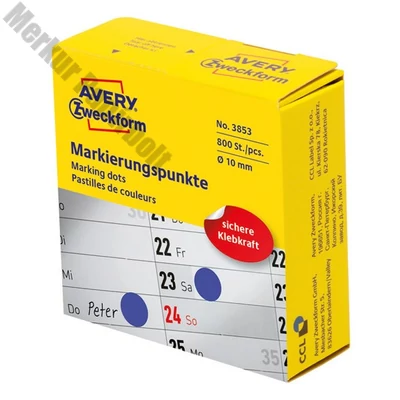 Etikett AVERY 3853 öntapadó jelölőpont adagoló dobozban kék 10mm 800 jelölőpont/doboz