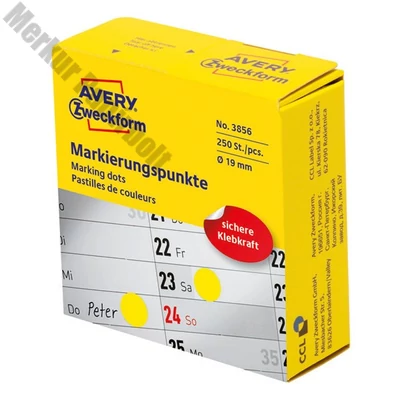 Etikett AVERY 3856 öntapadó jelölőpont adagoló dobozban sárga 19mm 250 jelölőpont/doboz