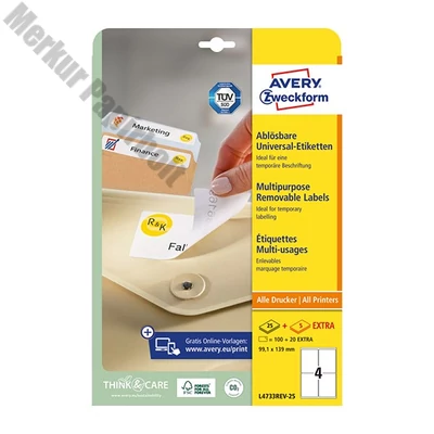 Etikett AVERY L4733REV-25 99,1x139 mm univerzális visszaszedhető 30 íves