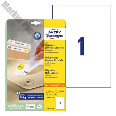 Etikett AVERY L4735REV-25 210x297mm univerzális visszaszedhető 30 címke/doboz 30 ív/doboz