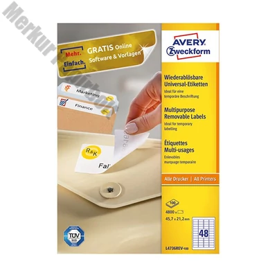 Etikett AVERY L4736REV-100 45,7x21,2 mm univerzális visszaszedhető 4800 címke/doboz 100 ív/doboz