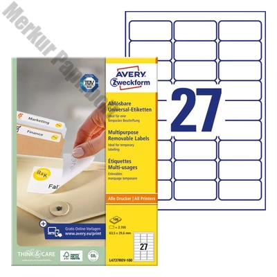 Etikett AVERY L4737REV-100 63,5x29,6 mm univerzális visszaszedhető 2700 címke/doboz 100 ív/doboz