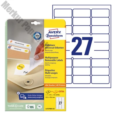 Etikett AVERY L4737REV-25 63,5x29,6mm univerzális visszaszedhető 810 címke/doboz 30 ív/doboz