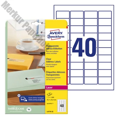 Etikett AVERY L4770-25 45,7x25,4 mm átlátszó 1000 címke/doboz 25 ív/doboz