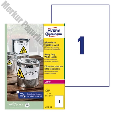Etikett AVERY L4775-100 210x297 mm fehér időjárásálló 100 címke/doboz 100 ív/doboz