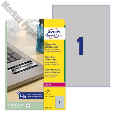 Etikett AVERY L6013-20 210x297mm laser ezüst 20 címke/doboz 20 ív/doboz
