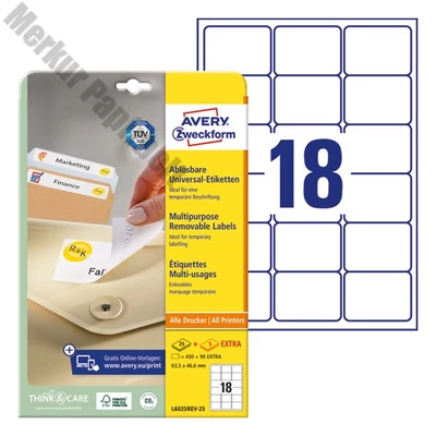 Etikett AVERY L6025REV-25 63,5x46,6mm univerzális visszaszedhető fehér 540 címke/doboz 30 ív/doboz