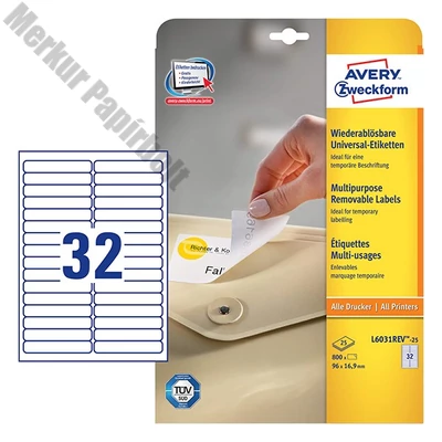 Etikett AVERY L6031REV-25 96x16,9 mm univerzális visszaszedhető fehér