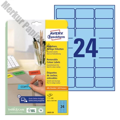 Etikett AVERY L6032-20 63,5x33,9mm univerzális kék 480 címke/doboz 20 ív/doboz