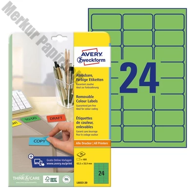 Etikett AVERY L6033-20 63,5x33,9mm univerzális zöld 480 címke/doboz 20 ív/doboz