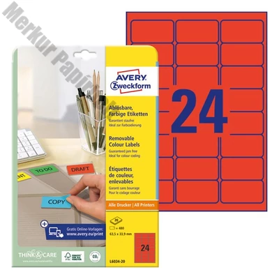 Etikett AVERY L6034-20 63,5x33,9mm univerzális piros 480 címke/doboz 20 ív/doboz